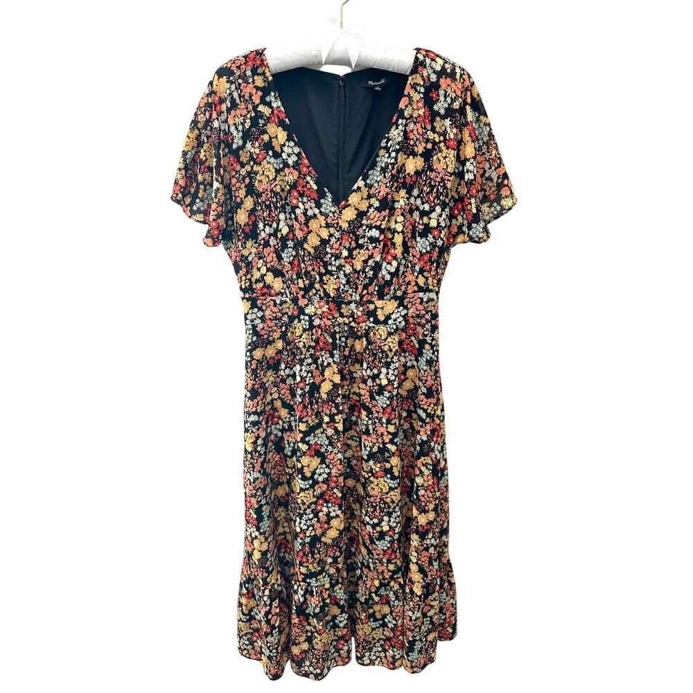 MADEWELL Floral Black Orange Yellow V-Neck Dolman Sleeve Fall Midi Dress Size 0